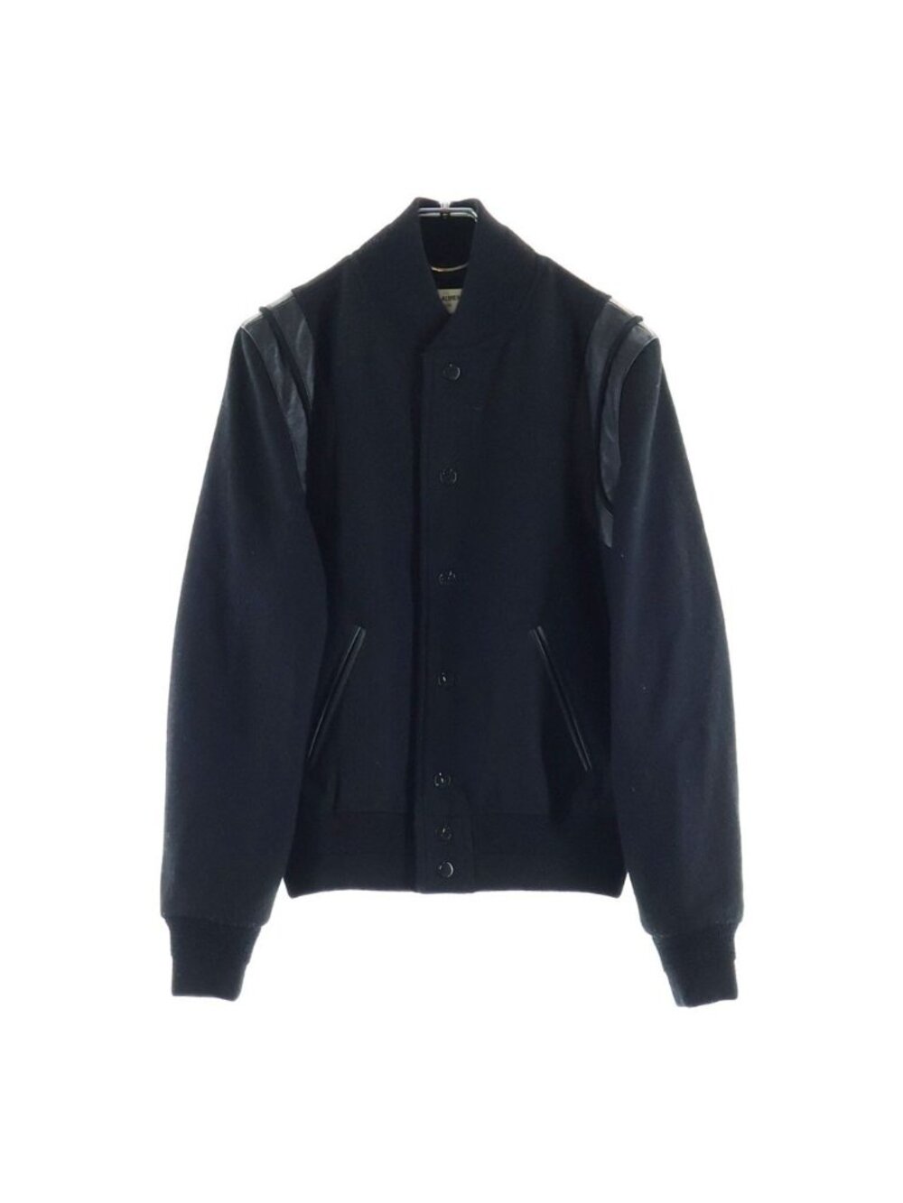 Saint Laurent Paris Teddy Jacket Leather Trim Wool Stadium Jumper Black